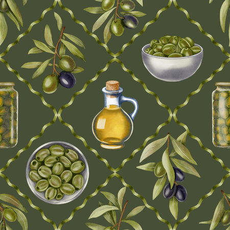 Watercolor seamless pattern with olive oil bottles, bowls with olives, branches and jugs. Food illustration. Ideal for textile design, packaging, kitchen and restaurant, menu.の写真素材