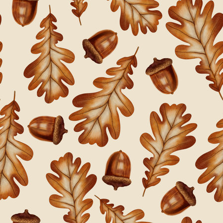 A seamless autumn pattern with watercolor oak leaves and acorns, hand-drawn. Autumn still life. Children's illustration. Suitable for books, packaging, postcards, and children's clothingの写真素材