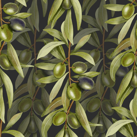 A seamless watercolor pattern with hand drawn green and black olives, olive branches, and leaves. Translucent. Food illustration. Perfect for fabric, packaging, and design.の写真素材
