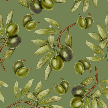 A seamless watercolor pattern with hand-drawn green olives, olive branches, and leaves. Food illustration. Perfect for fabric, packaging, and design.の写真素材
