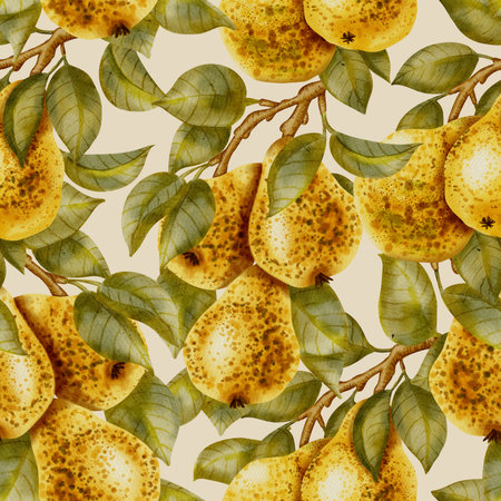 Hand-painted watercolor seamless pattern featuring ripe yellow speckled pears on leafy branches. Ideal for packaging, textile, wrapping paper, wallpaper, and fabric designの写真素材