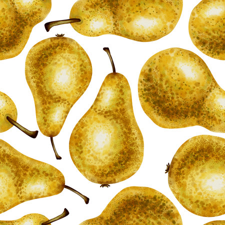 A seamless hand-drawn watercolor pattern featuring ripe yellow pears. A great choice for packaging, textiles, wrapping paper, wallpaper, and fabric designs.の写真素材