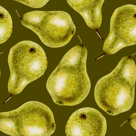 Hand painted watercolor seamless pattern featuring whole, speckled green pears. Excellent choice for packaging, textile, wrapping paper, wallpaper, and fabric designの写真素材