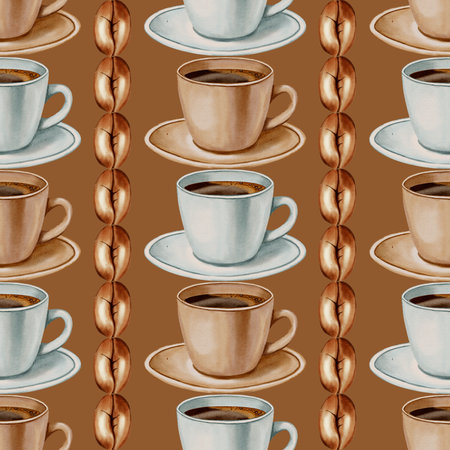 A seamless watercolor pattern featuring pastel coffee cups and roasted coffee beans. Perfect for coffee shop branding, menus, packaging, and textile prints.の写真素材