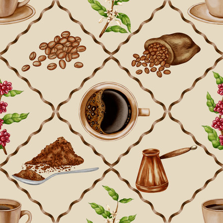 Hand painted watercolor seamless pattern with coffee beans, cup, Turk pot, branches, and ground coffee. Suitable for cafe, shop, menu, and packaging.の写真素材