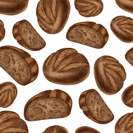Watercolor seamless pattern with loaves of black bread. Rye bread. Perfect for bakeries, coffee shops, menu design, packaging, store branding and backgrounds, cookbooks, and recipes.の写真素材
