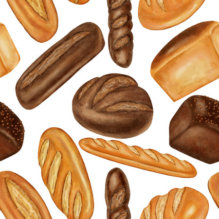 Watercolor seamless pattern with different loaves of bread. White and dark bread. Perfect for...