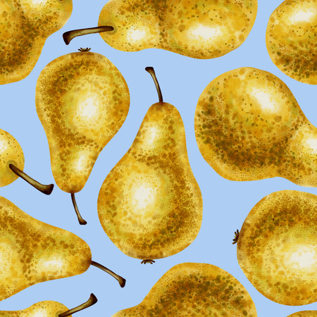 A seamless hand-drawn watercolor pattern featuring ripe yellow pears. A great choice for packaging, textiles, wrapping paper, wallpaper, and fabric designs.の写真素材