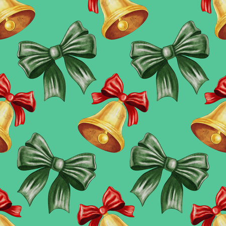 Xmas. Watercolor pattern with Christmas bells and bows. Perfect for print, websites, textile design, souvenirs, scrapbooking, wrapping paper. Christmas. New Year. Pattern Watercolor drawingの写真素材