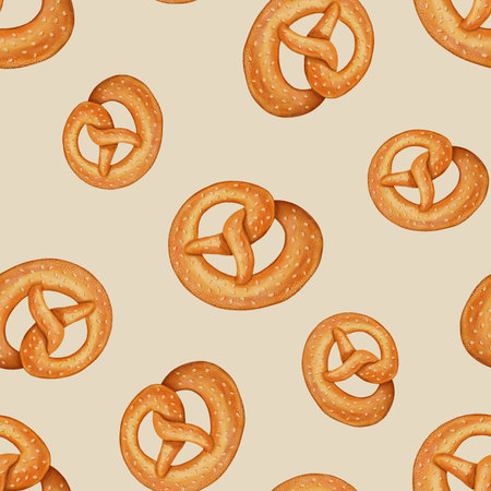 Watercolor seamless pattern featuring hand-drawn pretzels. Perfect for bakeries, cafes, packaging design, store menus and branding, textiles, cookbooks, and recipes.の写真素材