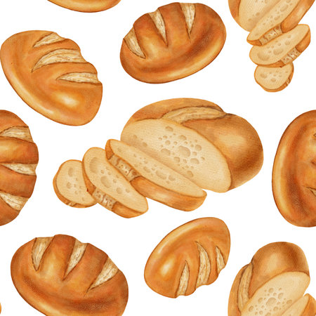 Seamless watercolor bread pattern with wheat and grains. White wheat bread. Perfect for bakeries, cafes, packaging, menus, and food branding. Hand-drawn illustration of baked goods.の写真素材