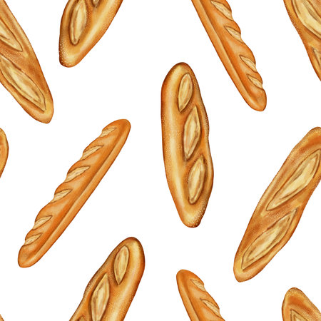 Seamless watercolor bread pattern. White French baguette. Perfect for bakeries, cafes, packaging, menus, food branding, and packaging. Hand-drawn illustration of baked goods.の写真素材