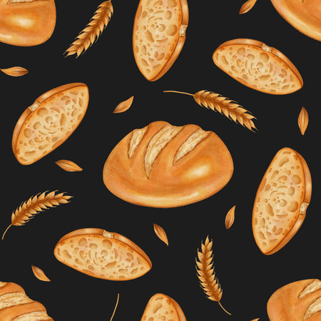Seamless watercolor bread pattern with wheat and grains. White wheat bread. Perfect for bakeries, cafes, packaging, menus, and food branding. Hand-drawn illustration of baked goods.の写真素材