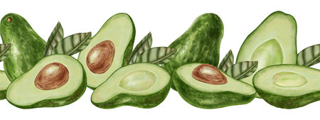 Watercolor illustration of a seamless avocado border with slices and leaves. Suitable for stores,...