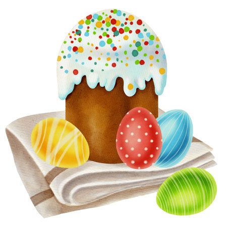 Watercolor illustration of an Easter cake with painted multicolored eggs and spring flowers. Perfect...