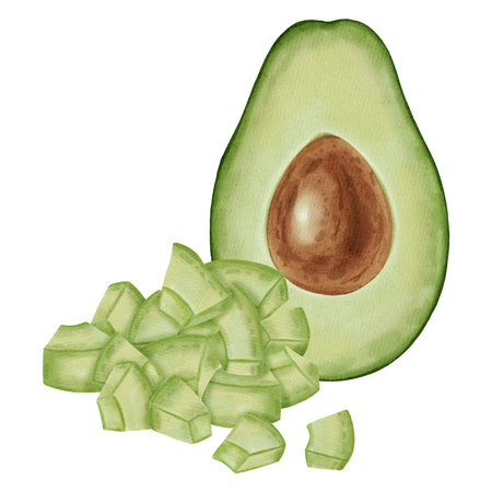 A hand-drawn watercolor illustration of an avocado composition with slices and leaves. Suitable for...