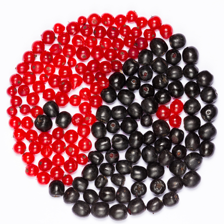 yin yang symbol of red and black berries on a white backgroundの写真素材