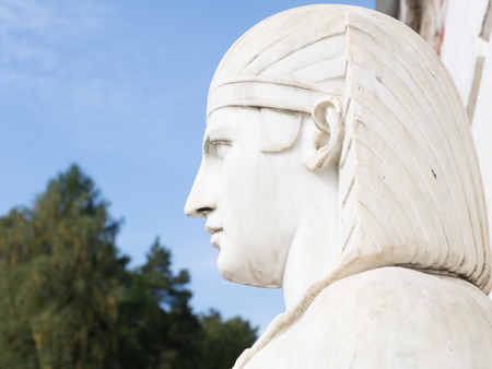 Moscow - September 2014: The sculpture of a human head in the summer in the park of the Arkhangelsk Museum in September 2014, Moscow, Russiaのeditorial素材