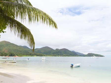 boat in the clear sea with white sand, coconut palms and mountains in the distanceの写真素材