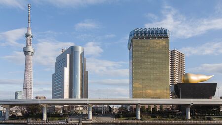 Tokyo - January 28, 2015: Urban unusual modern urban landscape along the Sumida River Road Bridge...