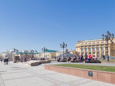 Moscow - April 12, 2015: A tourist place in Moscow -Manezhnaya area and many tourists stroll and relax in the center of the city April 12, 2015, Moscow, Russiaのeditorial素材