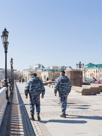 Moscow - April 12, 2015: A tourist place in Moscow - Manege Square and police guard on duty and order in the city center April 12, 2015, Moscow, Russiaのeditorial素材