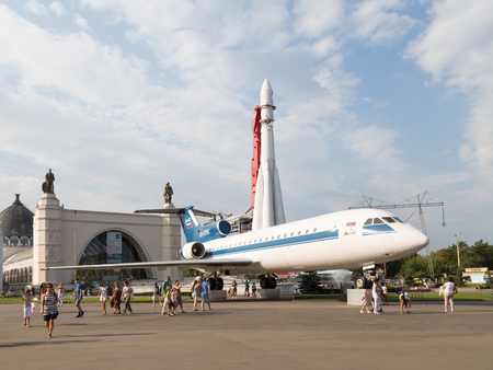 Moscow - August 13, 2015: A large space rocket Vostok, in which Yuri Gagarin flew, put on display in...
