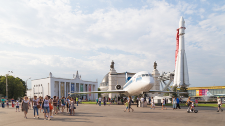 Moscow - August 13, 2015: A large space rocket East and Yak-42 on display at the park in the summer of ENEA August 13, 2015, Moscow, Russiaのeditorial素材