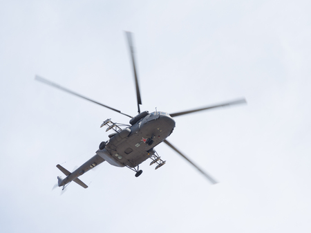 Moscow - May 9, 2015: Demonstration flight of Mi-8 helicopter in the sky over Red Square May 9, 2015, Moscow, Russiaのeditorial素材