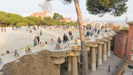 Barcelona - 9 October 2015: People in the Park Guell and see the sea and the Temple of the Sagrada Familia away October 9, 2015, Barcelona, ââSpainのeditorial素材
