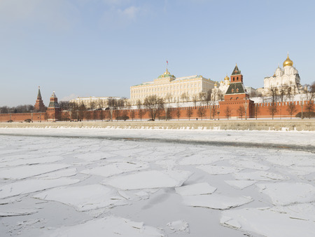 Moscow - January 7, 2016: View towards the Kremlin on the Kremlin embankment and ice on the Moskva River in the winter January 7, 2016, Moscow, Russiaのeditorial素材