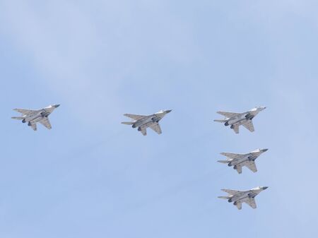 Moscow - May 9, 2015: Five aircraft MiG-29 flying wedge in the Parade of Victory over Nazi Germany...