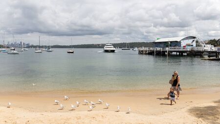Sydney - March 1, 2016: Sydney Beach and the woman with the child walk and take pictures with seagulls from sea water Sydney Harbour March 1, 2016, Sydney, Australiaのeditorial素材