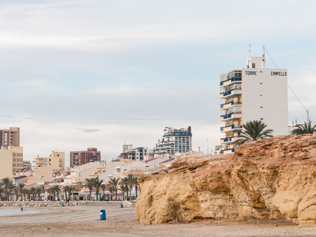 El Campello - October 3, 2015: Beautiful clean city beach of fine sand in the morning, in the fall 3 October 2015, El Campello, Costa Blanca, Spainのeditorial素材