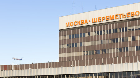 Moscow - November 8, 2017: Aeroflot passenger plane takes off against the background of Sheremetyevo airport building and blue sky in the morning November 8, 2017, Moscow, Russiaのeditorial素材