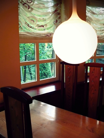 large chandelier lamp in a cafe in the town of Druskininkai, Lithuaniaの写真素材