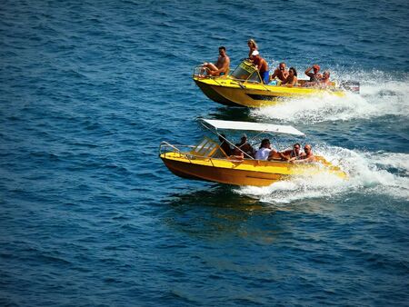 racing sports boats in the Black Sea city of Sudak in Crimeaのeditorial素材