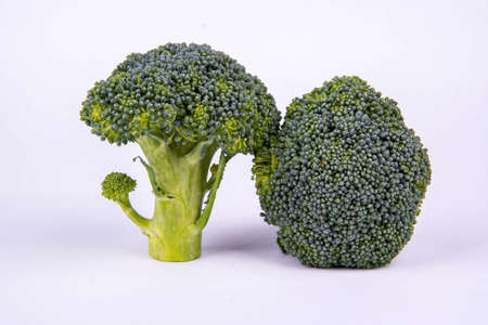 Two branches of broccoli lies on a white backgroundの写真素材