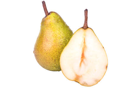 Full pear cut half on a white backgroundの写真素材
