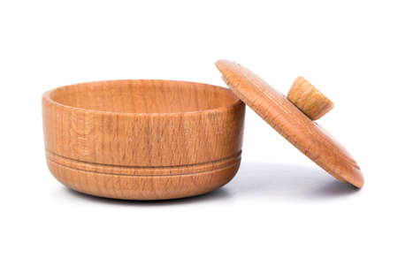 Wooden utensils with the lid open for salt and other spicesの写真素材