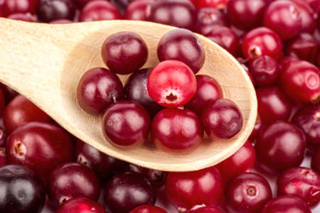 Wooden spoon with red berries on a background of cranberries
