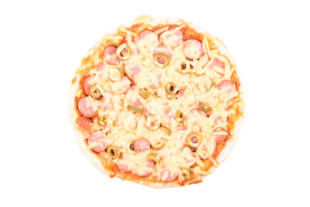 Round pizza with olives and salami on a white backgroundの写真素材