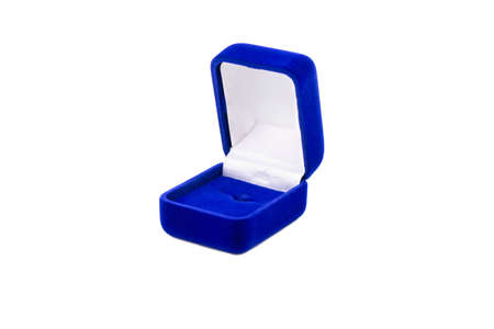 Open blue velor box for rings on a white background