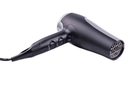 Black and gray hair dryer isolated on white backgroundの写真素材