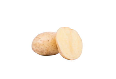 Fresh raw potatoes cut in half on a white backgroundの写真素材