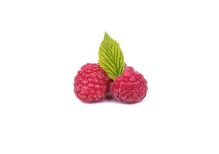 Fresh red raspberry with leaf on a white backgroundの写真素材