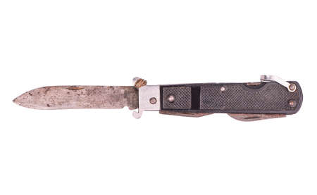 Open old rusty folding knife isolated on a white background, top view