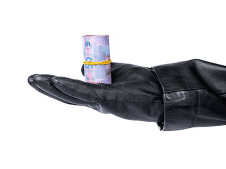 Thief in her hand holding a bunch of stolen Ukrainian money on a white backgroundの写真素材