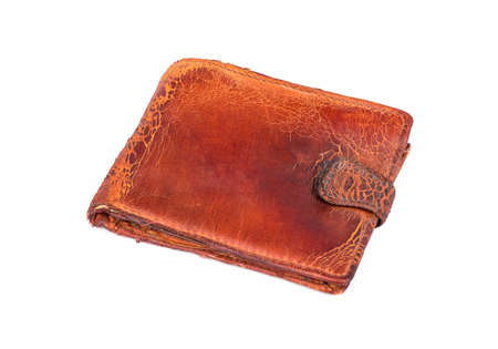 Closed old shabby wallet isolated on white backgroundの写真素材