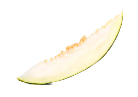 Juicy slice of ripe melon isolated on white backgroundの写真素材